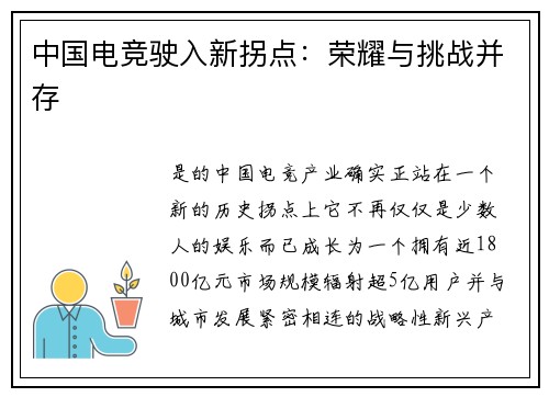 中国电竞驶入新拐点：荣耀与挑战并存